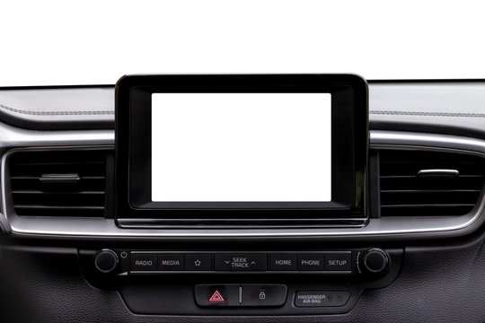 The dashboard of a modern car with the computer screen on blank