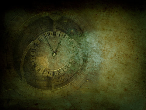 Clock grunge background, travel Industrial wallpaper, vintage steam punk collage © magerram