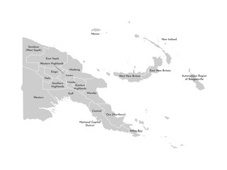 Vector isolated illustration of simplified administrative map of Papua New Guinea. Borders and names of the provinces. Grey silhouettes. White outline