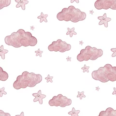 Poster Im Rahmen watercolor pattern with cute star and clouds. Pink  sky © Саша Рибицька