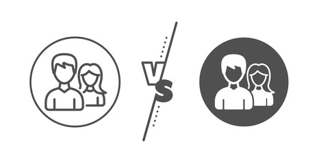 Users Group or Teamwork sign. Versus concept. Couple line icon. Male and Female Person silhouette symbol. Line vs classic couple icon. Vector