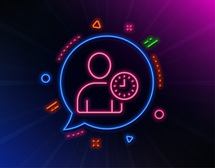 User with Clock line icon. Neon laser lights. Profile Avatar with Time sign. Person silhouette symbol. Glow laser speech bubble. Neon lights chat bubble. Banner badge with time management icon. Vector