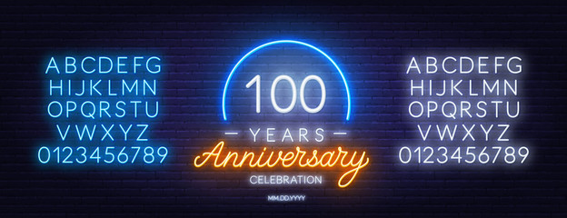 100th anniversary celebration neon sign on dark background. Neon alphabet . Template for invitation or greeting card.