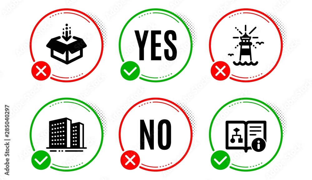 Poster lighthouse, get box and buildings icons simple set. yes no check box. technical algorithm sign. navi