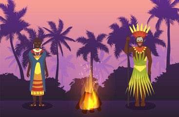 African man and woman in traditional tribal ethnic cloths in night Africa before fire vector illustration. African man and woman primitive couple standing in jungles with palms background.