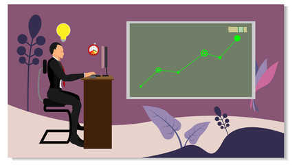 businessman characters with ideas and time limits are sitting working in front of a computer screen. displays the progress chart of a financial statement business process. vector with summer style.