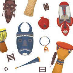 African symbols, masks, totem and drums, Africa pattern vector illustration. Ritual african tribal face covers. Travelling african symbols culture and traditions print.