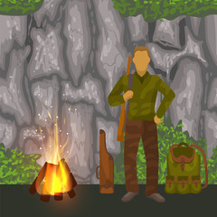 Hunter in camouflage with gun and backpack before fireplace in cave cartoon vector illustration. Hunting rifle and hunt outdoor sport for man.