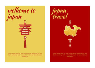 Japan travel placrad banners vertical set vector illustration. Japaneese hieroglyth symbol of oriental tourism red on yellow and golden fish, sign of happiness in Japan.