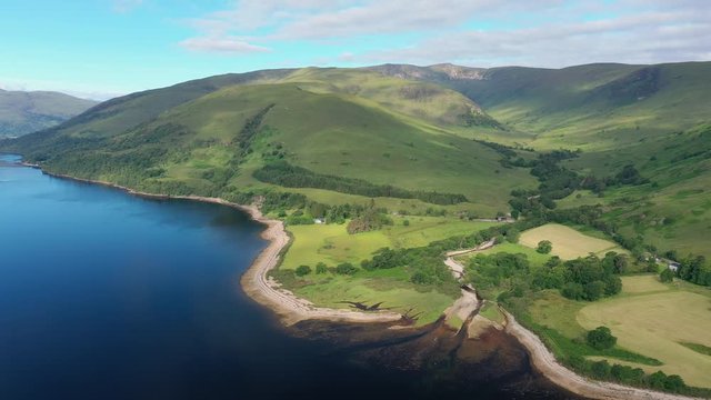 Aerial view of Loch Eil/Linnhe situated in landscape of Scottish Highlands, lush green hills and deep lake - panorama of Highlands of Scotland from above, United Kingdom, Great Britain, Europe