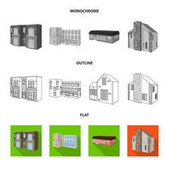 Vector illustration of facade and housing sign. Set of facade and infrastructure stock vector illustration.