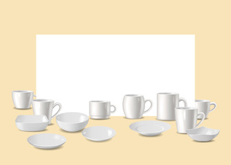 Empty white dishware, utensil for bar or restaurant vector illustration. Set of white plates, bowls, white dishware and cups isolated on beige background with white space for text.