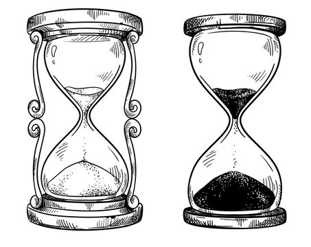 Set of 2 vintage sand  hourglasses  vector  drawing 