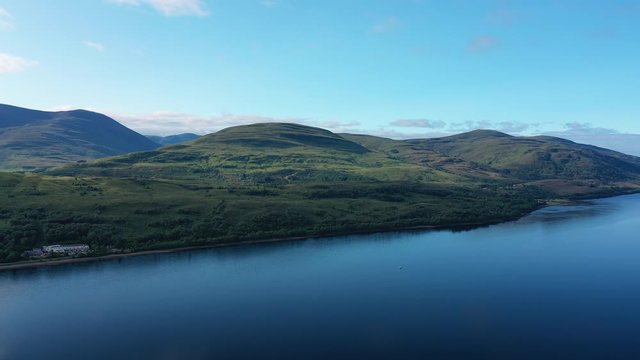 Aerial view of Loch Eil/Linnhe situated in landscape of Scottish Highlands, lush green hills and deep lake - panorama of Highlands of Scotland from above, United Kingdom, Great Britain, Europe