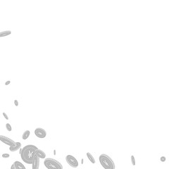 Chinese yuan coins falling. Scattered black and wh