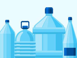 Drinking mineral water bottles packaging vector illustration. Mockup or magazine design. Blue drink water package simple design.