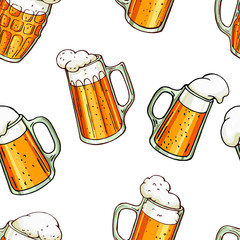 Vector seamless pattern with different glass mugs of beer on white