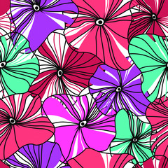 Seamless vector pattern with bright decorative flowers. Funny multicolor background, nature texture