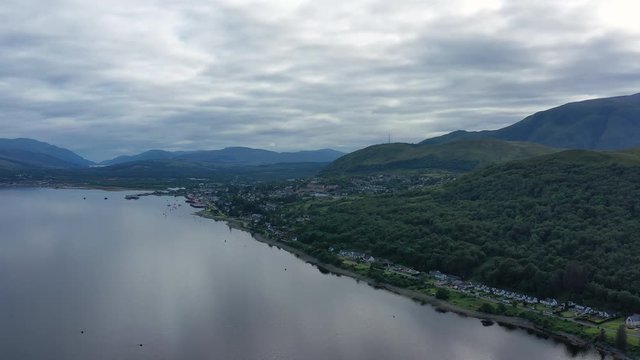 Aerial view of Loch Eil/Linnhe situated in landscape of Scottish Highlands, lush green hills and deep lake - panorama of Highlands of Scotland from above, United Kingdom, Great Britain, Europe