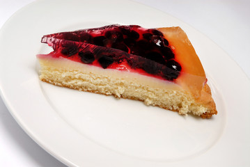 Delicious piece of berry cake jelly close-up on a gray background
