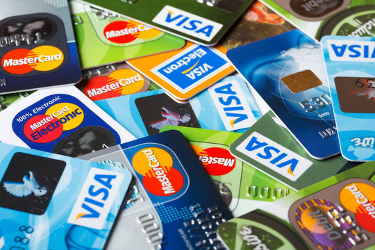 Pile of credit cards, Visa and MasterCard, credit, debit and electronic