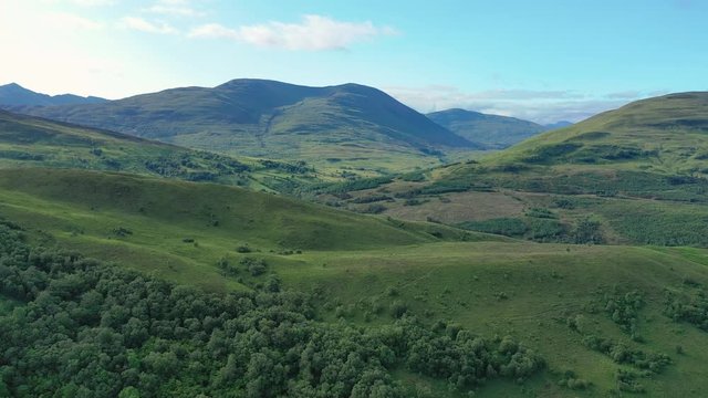Aerial view of picturesque landscape of Scottish Highlands around Loch Eil/Linnhe, scenery with lush green hills - panorama of Highlands of Scotland from above, United Kingdom, Great Britain, Europe