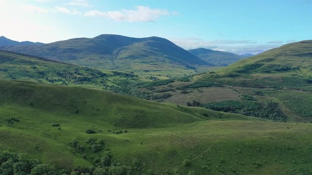 Aerial view of picturesque landscape of Scottish Highlands around Loch Eil/Linnhe, scenery with lush green hills - panorama of Highlands of Scotland from above, United Kingdom, Great Britain, Europe