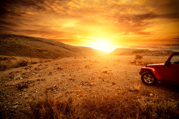 Autumn car and sunset time 