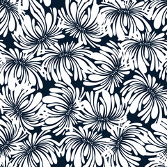 Abstract seamless pattern with flowers. White floral on dark backgound. Decorative print with plants
