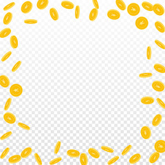 Chinese yuan coins falling. Scattered sparse CNY c