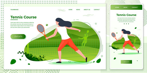 Vector cross platform illustration set - sporty girl playing tennis. Court, park, trees and hills on green background. Browser and mobile phone template with place for your text.