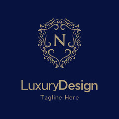 Premium monogram letter N initials ornate signature logotype. N Letter Gold luxury vintage monogram floral decorative logo