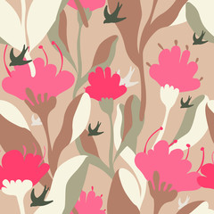 seamless vector pattern with flowers and birds. abstract hand drawn floral buds on gray background. fashion style