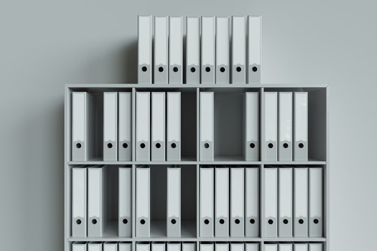 Cluttered shelf with white folders as 3d Rendering