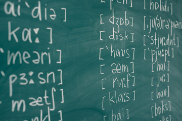 Learn english School lesson class chalkboard International phonetic alphabet. - obrazy, fototapety, plakaty