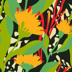 seamless vector pattern with colorful flowers. abstract hand drawn floral buds on dark background. fashion style
