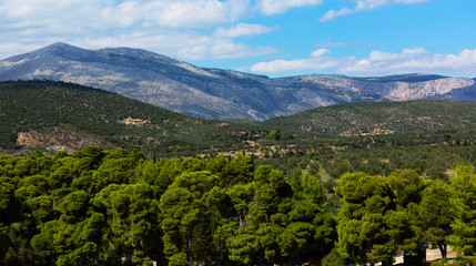 Fototapeta premium Mountain view from the amphitheatre of Epidaurus. Argolida prefecture, Peloponnese, Greece.