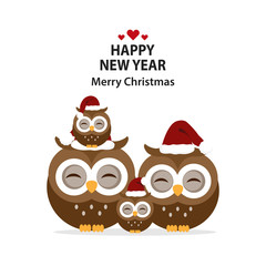 Christmas and New Year greeting card.Cute owl family in the hat of Santa Claus.