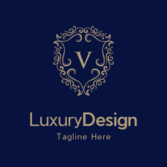 Premium monogram letter V initials ornate signature logotype, Elegant crest logo icon vector design. Luxury shield sign.