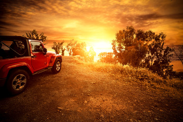 Fototapeta na wymiar Autumn car and sunset time 
