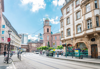 Frankfurt, Germany - June 12, 2019: Street view of Downtown Frankfurt, Germany. - obrazy, fototapety, plakaty