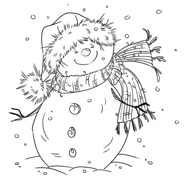 Outlined happy smiling snowman. Cute illustration coloring page. Digital stamp.