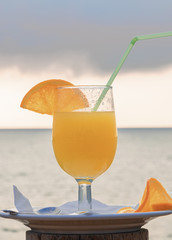 Close-up of a delicious orange juice accompanied by lemon slices on a white plate and the sea beneath the cloudy sky background