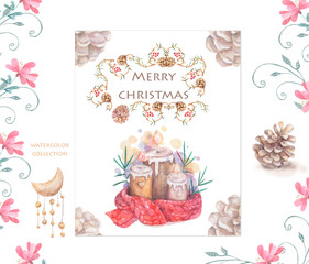 Christmas candle and tree cone Cartoon clip art illustration on isolated background. Watercolour imitation. Christmas poster or postcard design. Hand drawn illustration on white bakcground