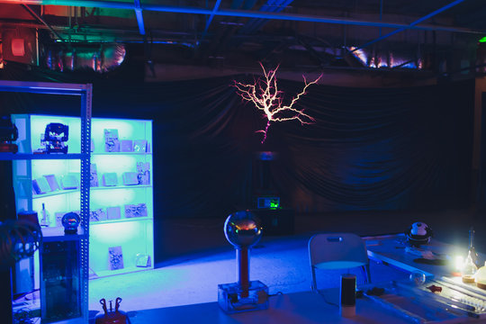 lightning on a black background - corona discharge of Tesla coil.