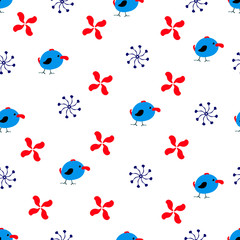 Seamless vector pattern with birds and leaves in blue, red and white background.