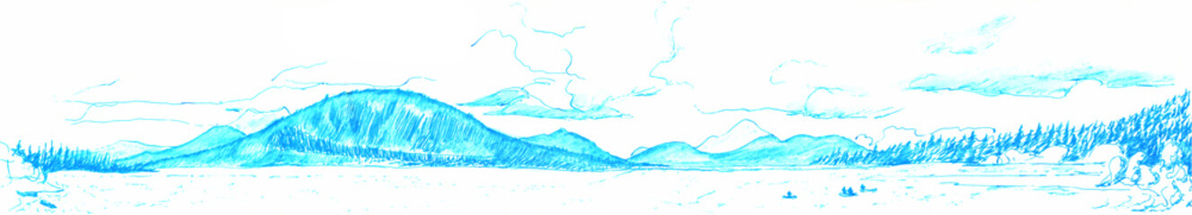 Turquoise Hand Drawn Misty Hills Panorama