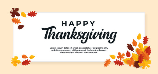 Happy thanksgiving day text background with fall dry leaves ornament vector illustration banner template