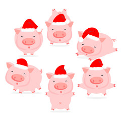 Cute cartoon pigs with different emotions in the hat of Santa Claus