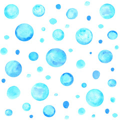 Watercolor seamless pattern with blue circles isolated on white background. Hand painted nautical illustration. 